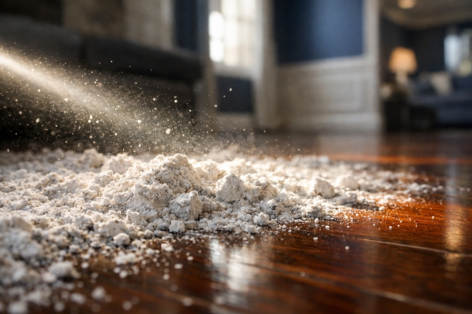 Close-up of fine white construction dust on a mahogany floor, illustrating the need for post construction cleaning.