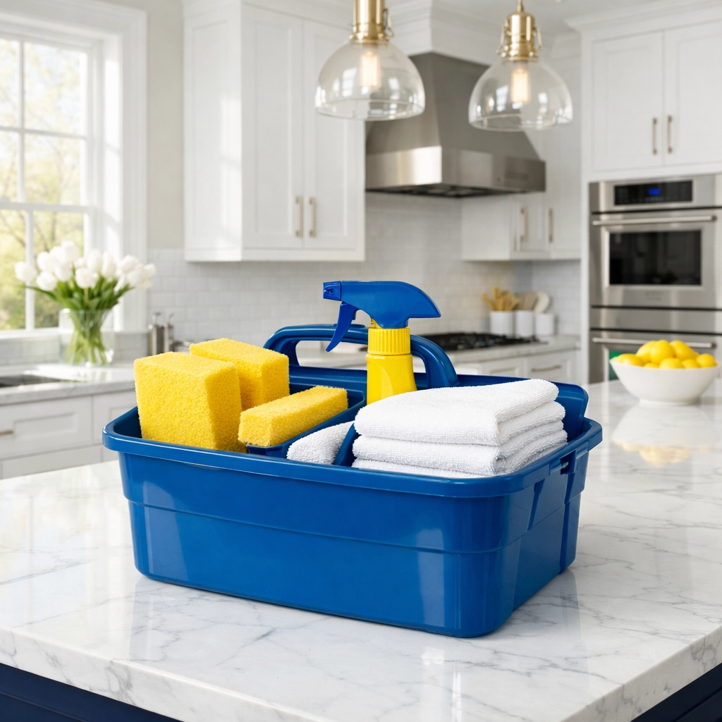 Professional cleaning supplies in a bright Sudbury kitchen, highlighting weekly house cleaning.