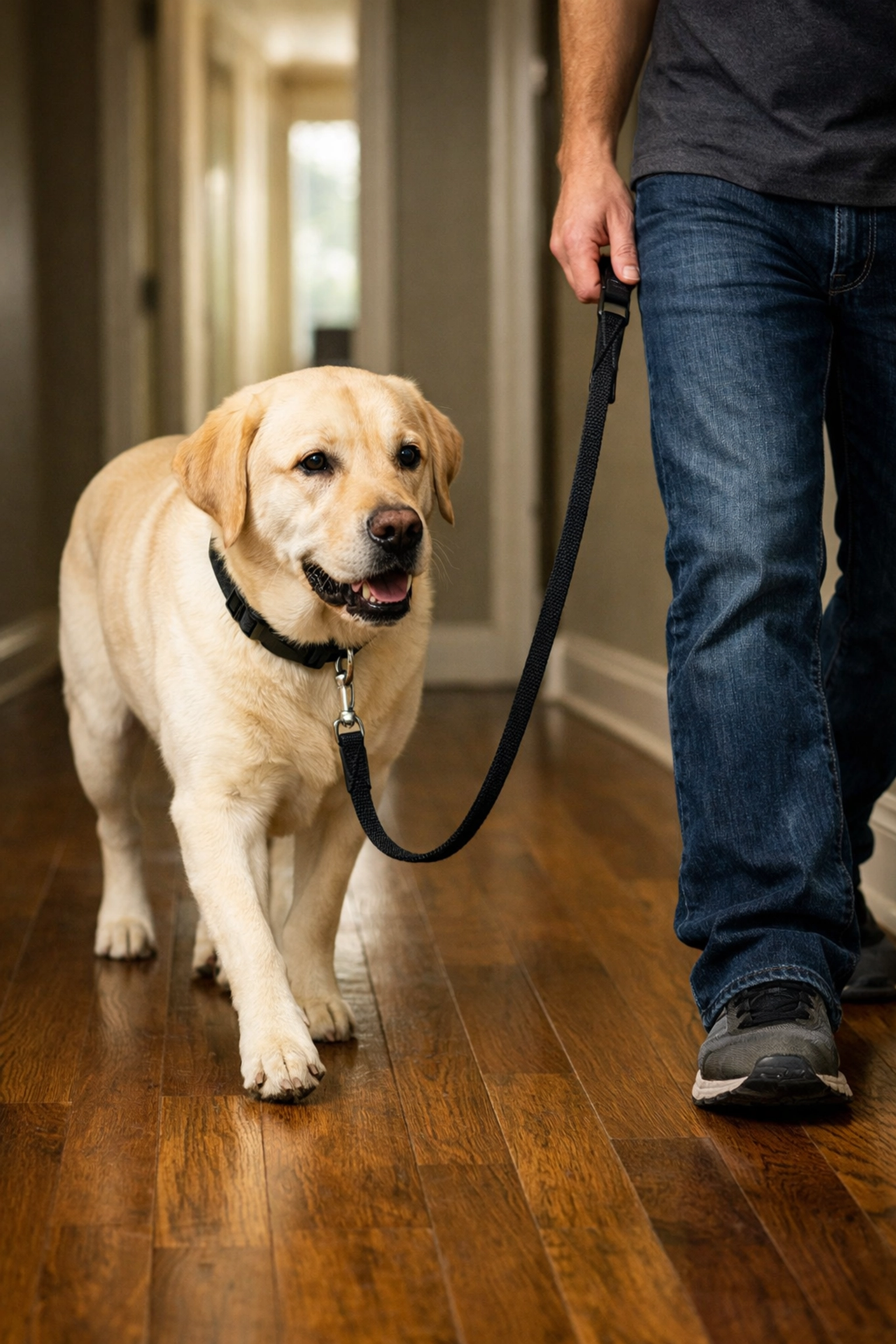 Indoor leash training with loose leash walking in home hallway