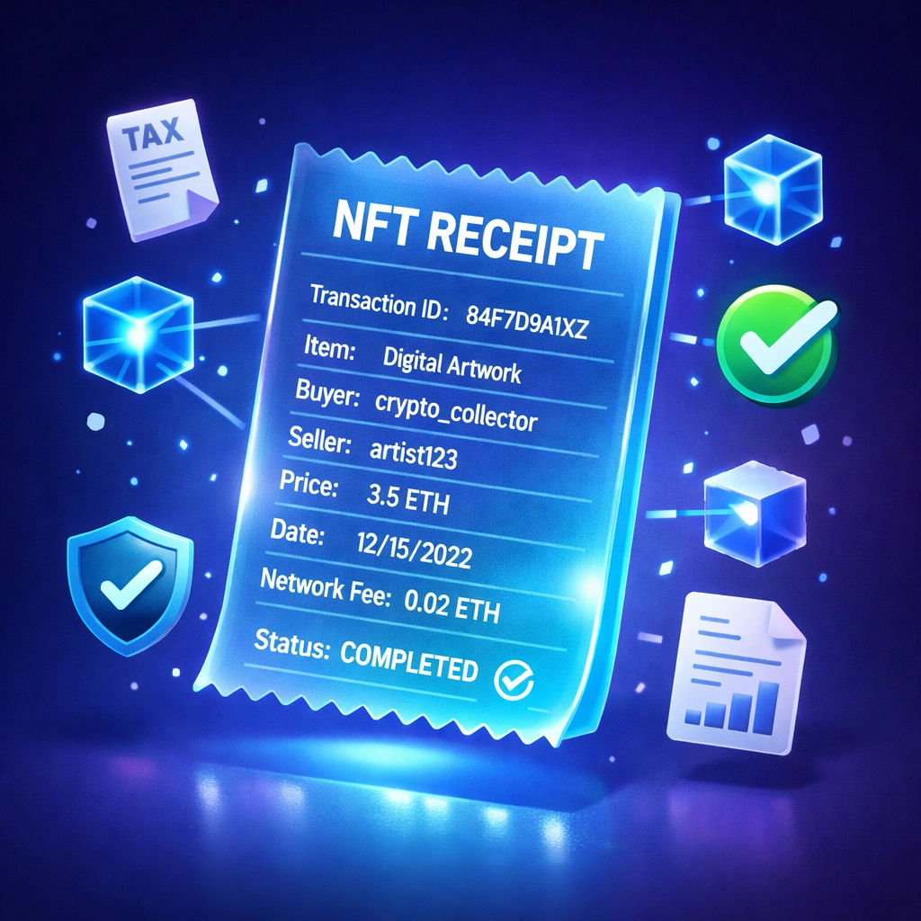 Blockchain NFT receipt showing transaction details and charitable contribution breakdown for tax compliance