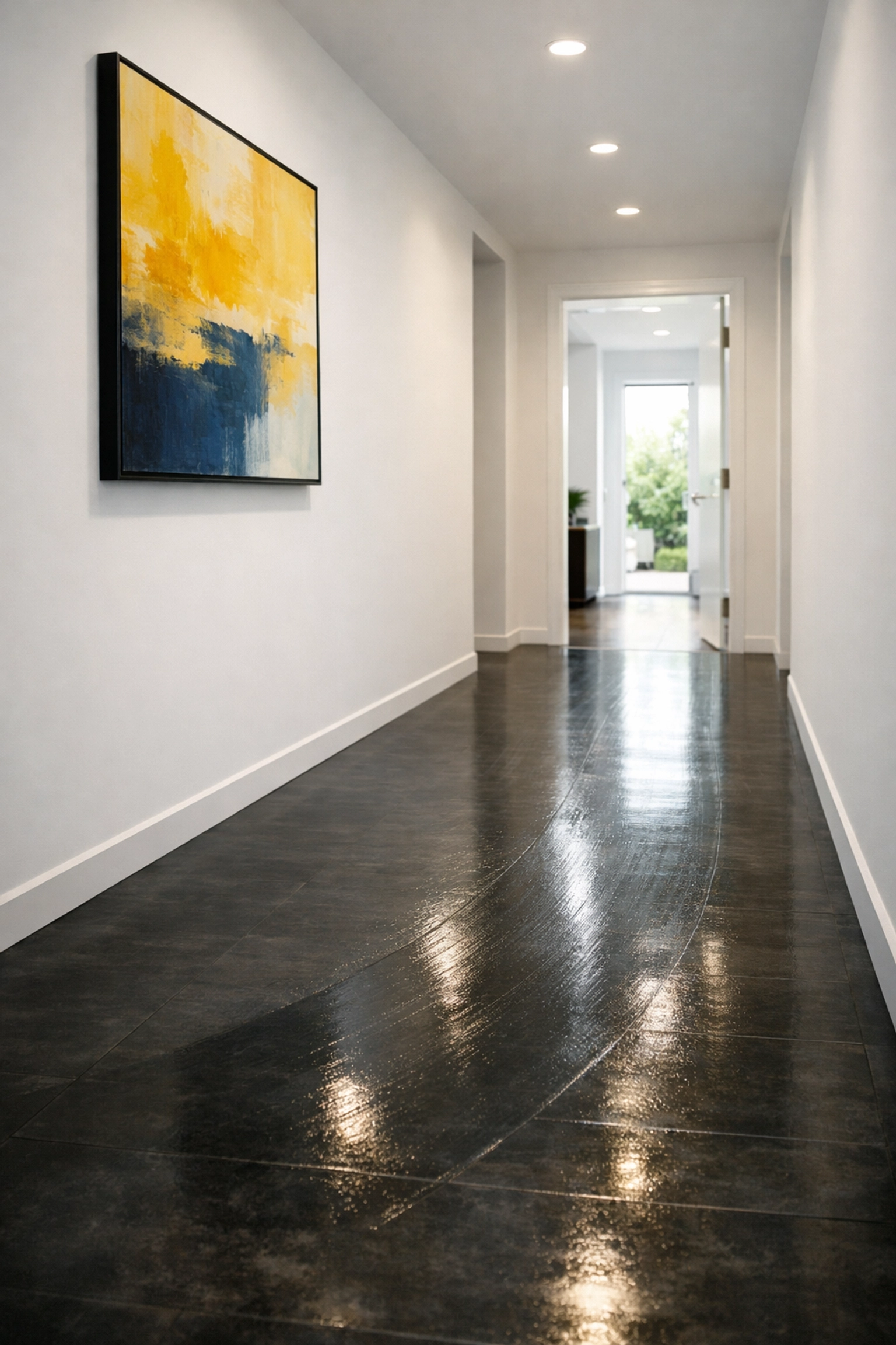 A clean, modern hallway with polished LVT flooring showing a streak-free sheen after eco-friendly cleaning.