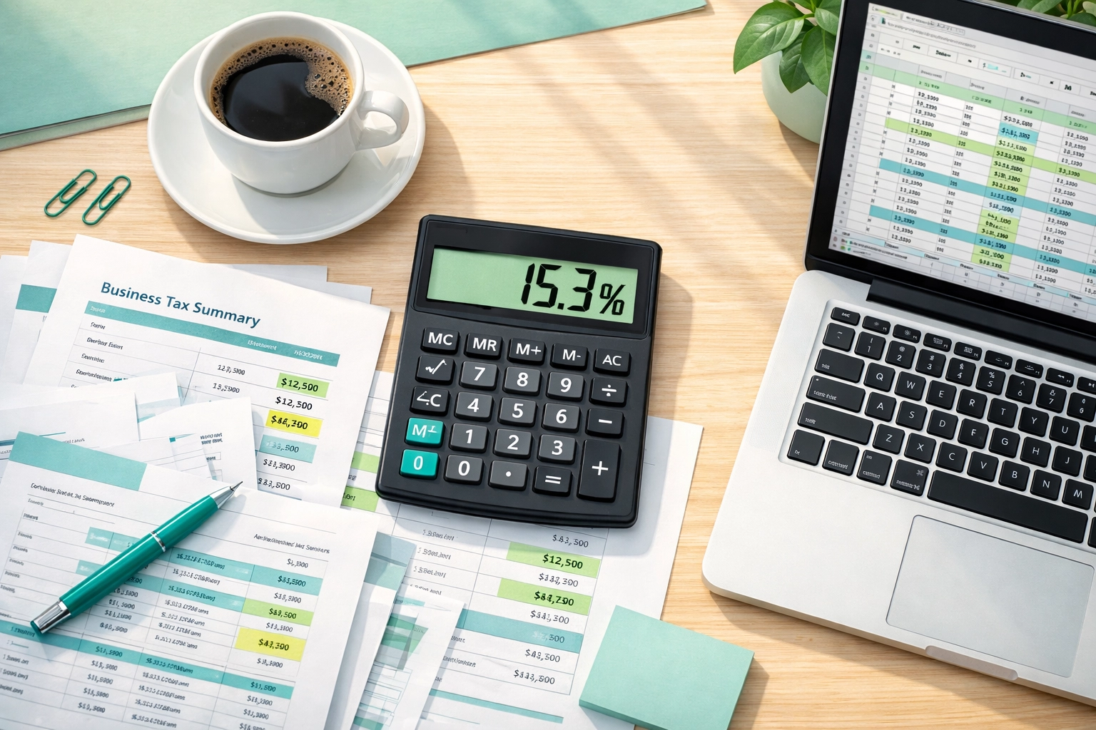 Business owner calculating 15.3% self-employment tax on LLC profits with financial documents