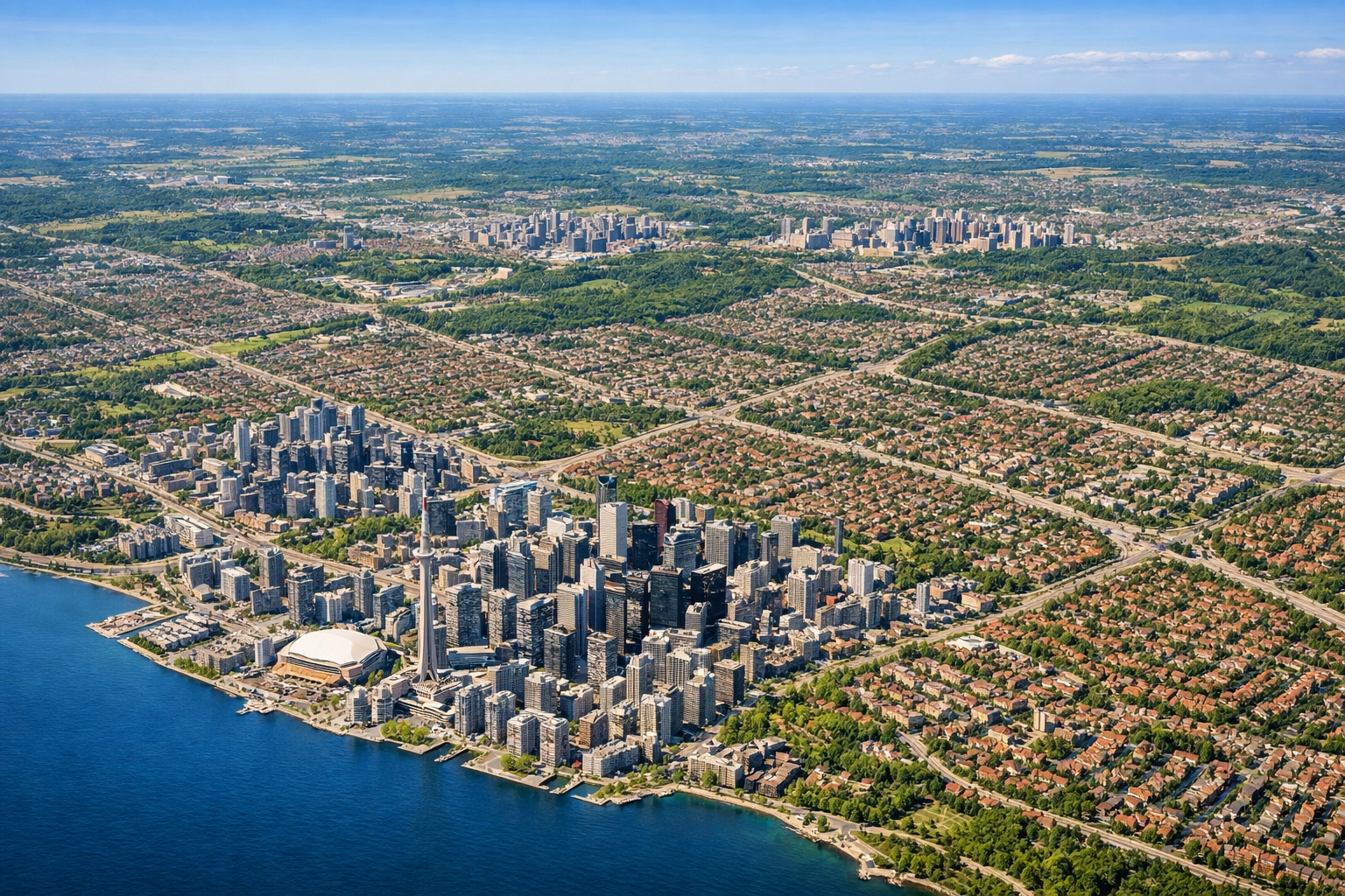 Aerial view of Greater Toronto Area and 905 region housing markets across Ontario