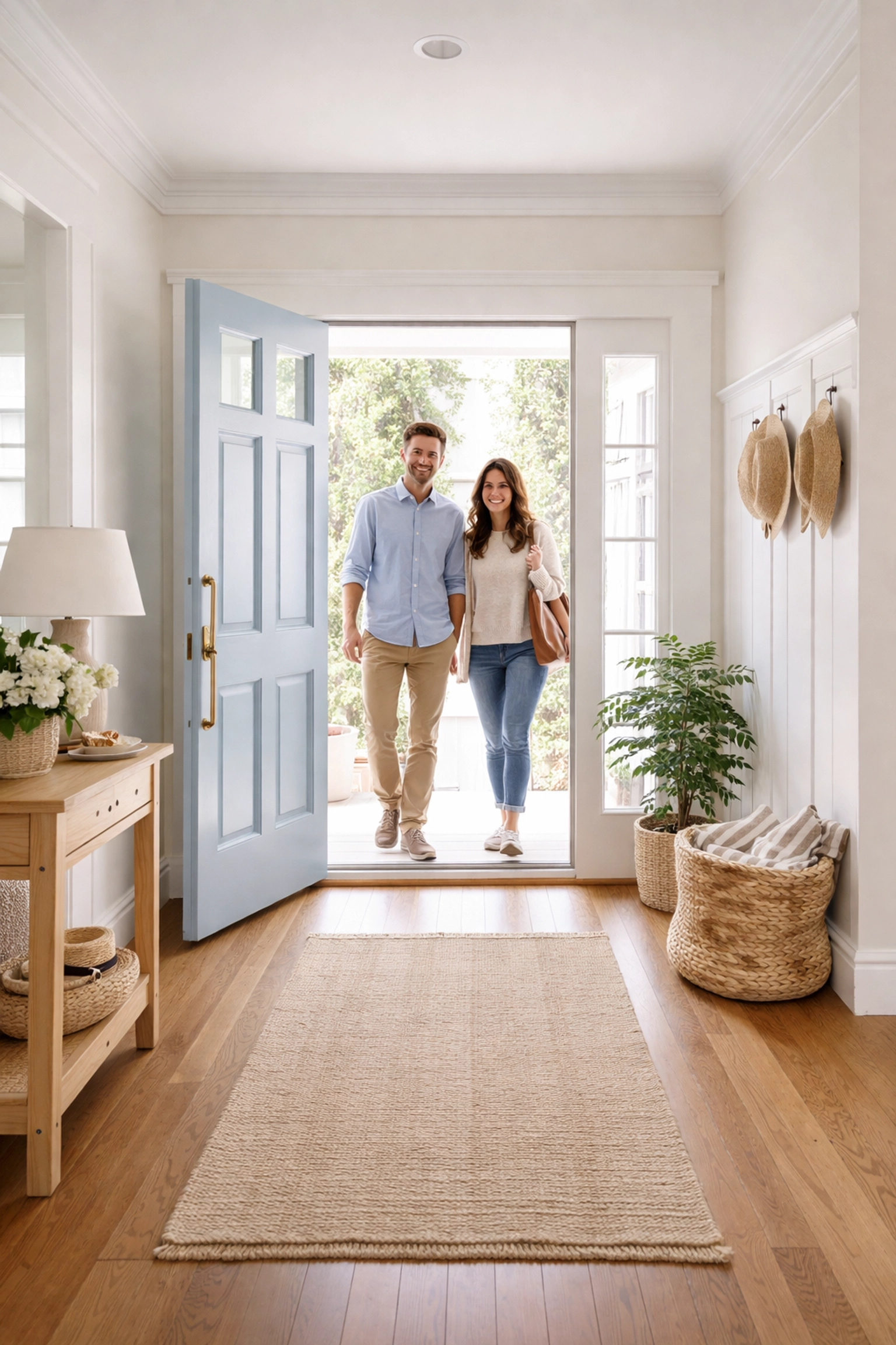 Open front door of a New England home with buyers arriving for a showing, highlighting home accessibility