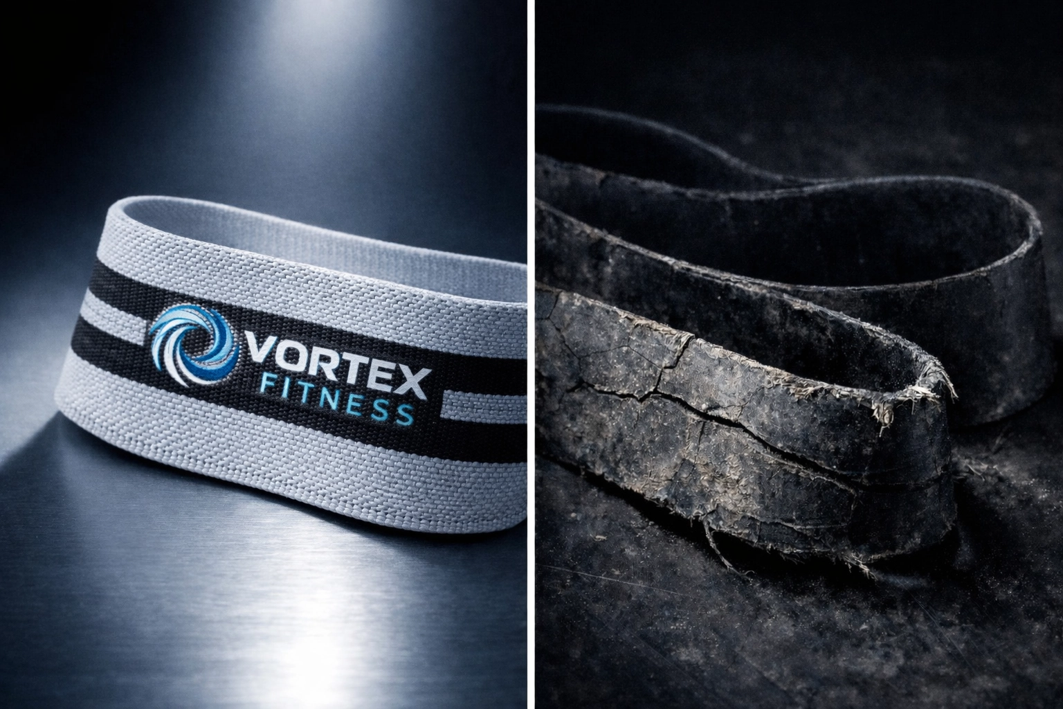 Quality fabric resistance band versus degraded rubber band showing cracks and discoloration