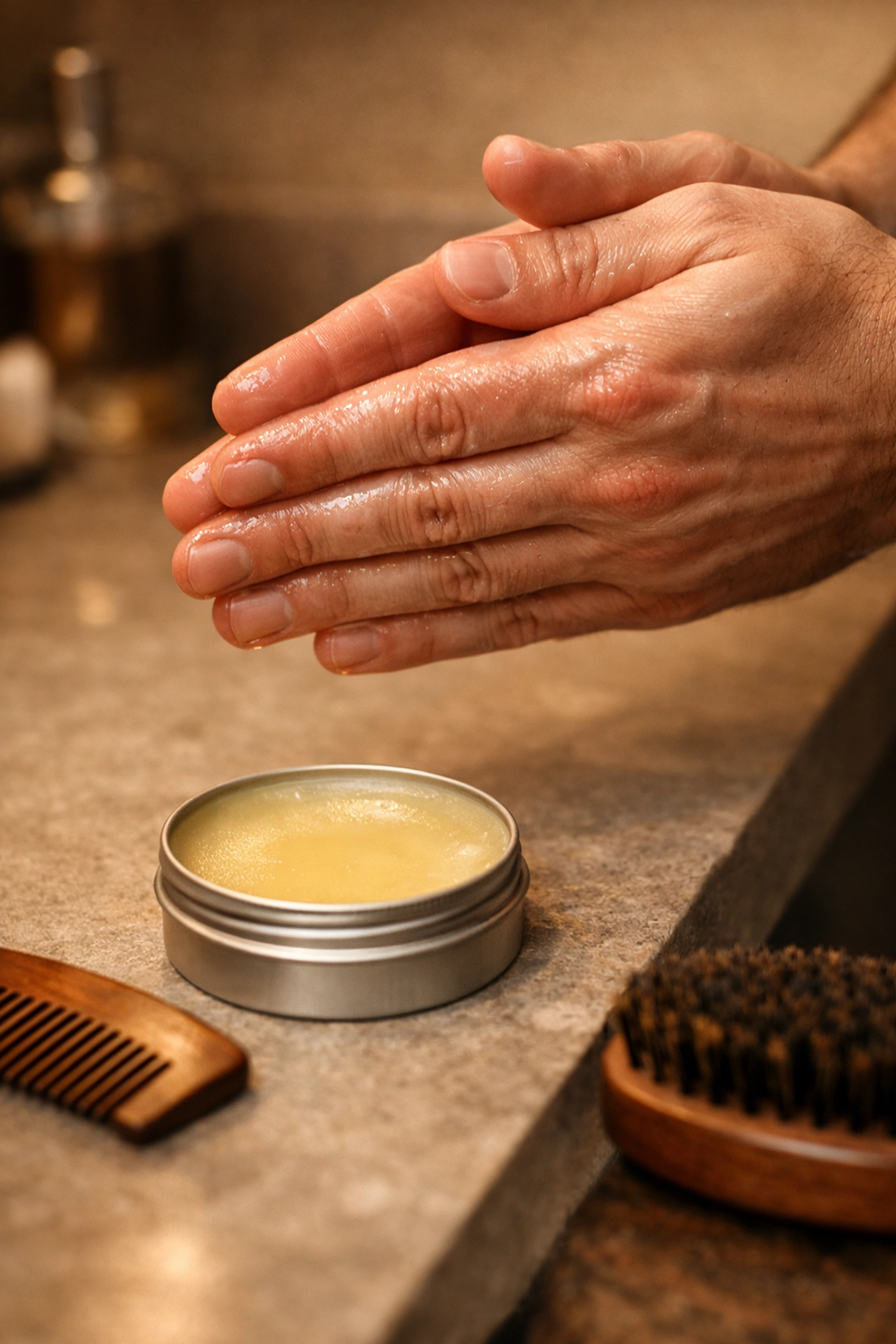 Hands warming a small amount of premium beard wax before application for a smooth grooming routine.