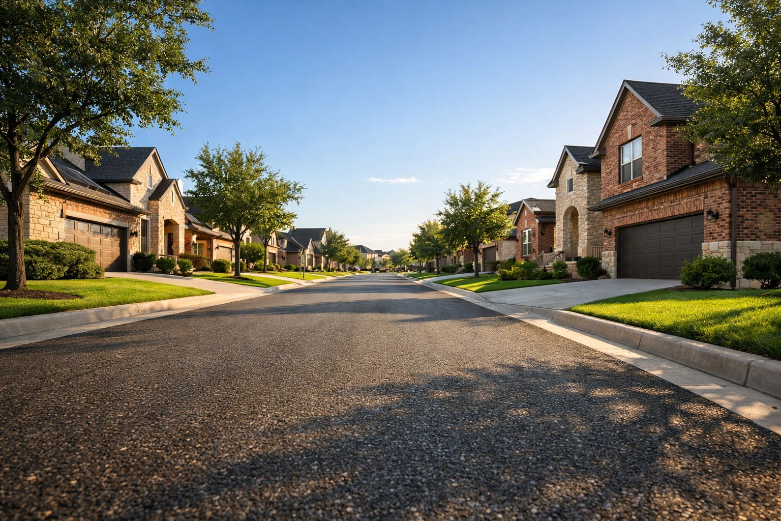 Peaceful San Antonio suburban street with modern homes, ideal for off-base military homeownership.