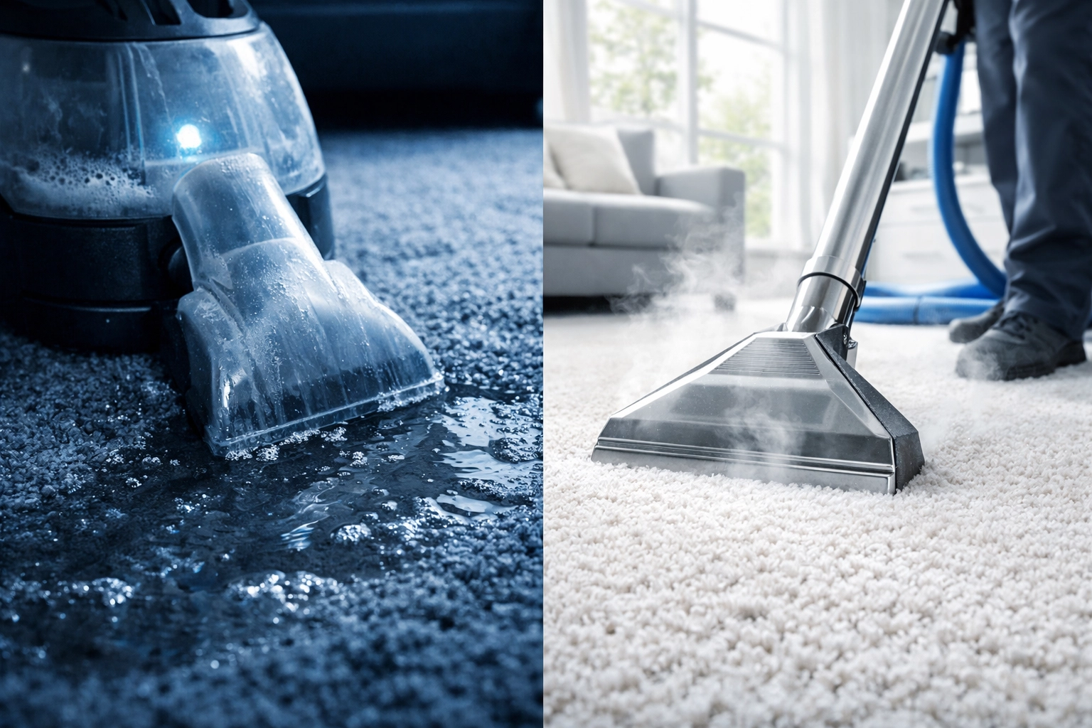 Professional carpet cleaning vs rental machine comparison showing moisture extraction differences