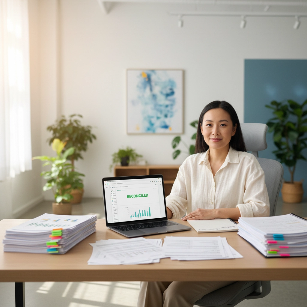 A business professional sitting at a desk with organized documents and a laptop displaying a reconciled financial report.