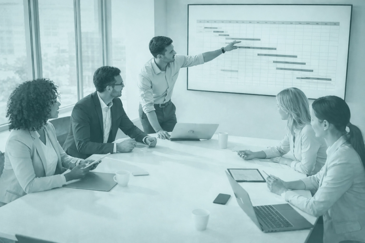 Diverse business team planning S/4HANA project milestones in a modern conference room with collaboration tools