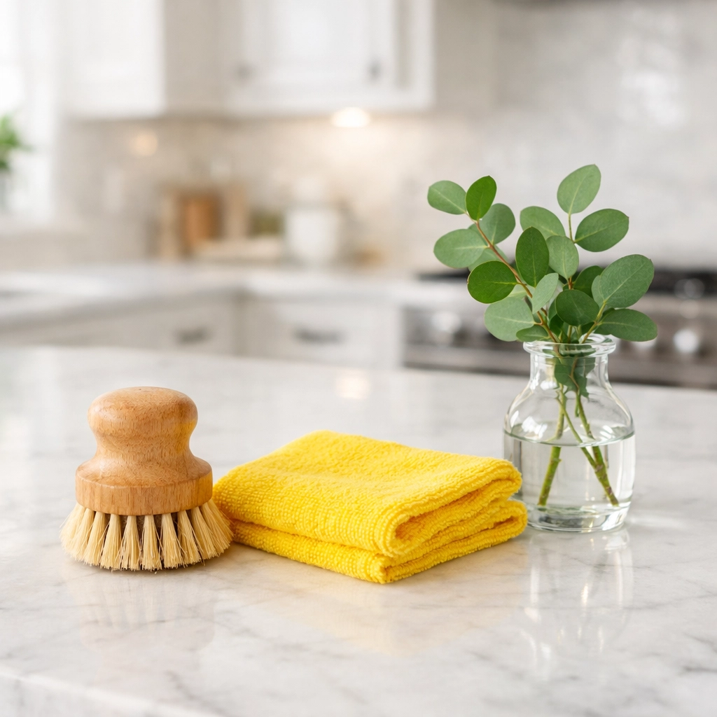 Eco-friendly cleaning supplies on a spotless marble kitchen island in a Concord home.