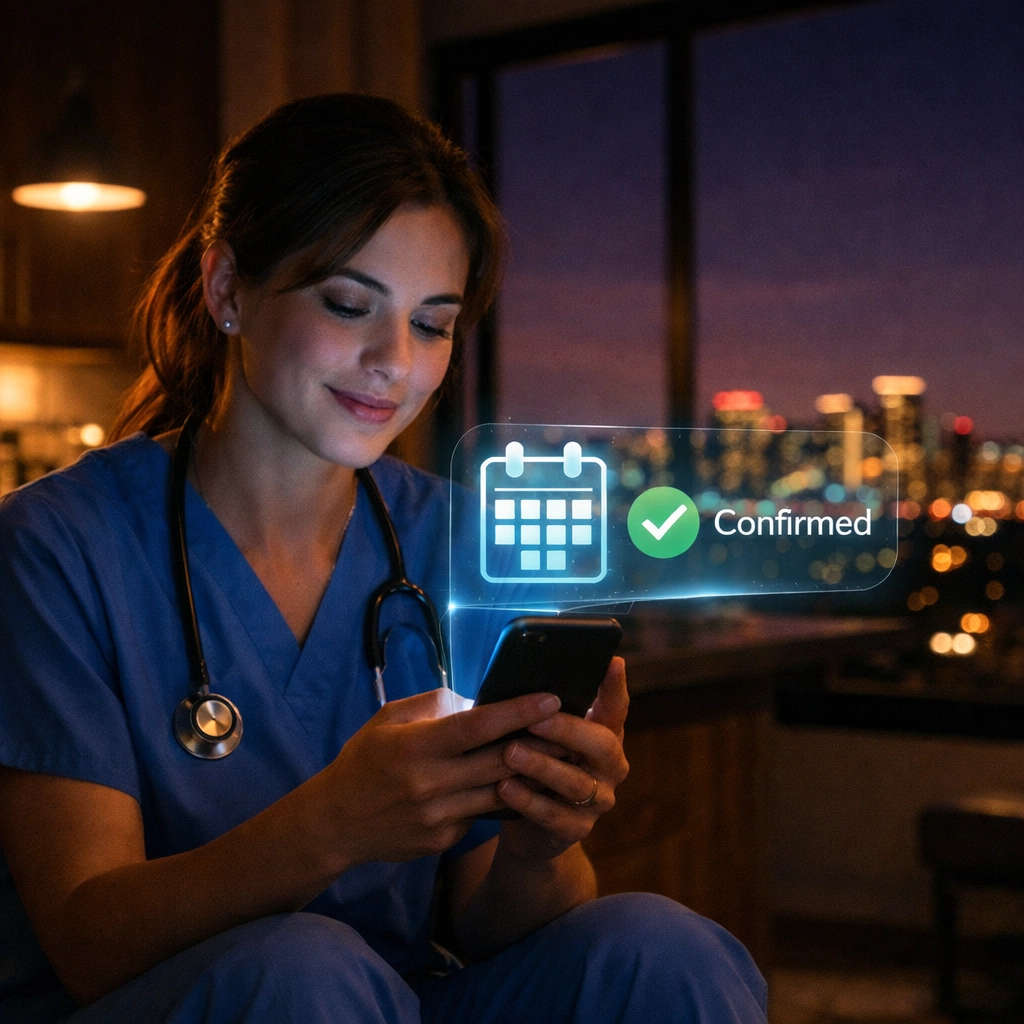 Phoenix nurse reviewing an automated home showing confirmation via a Certified AI Marketing Agent at night.