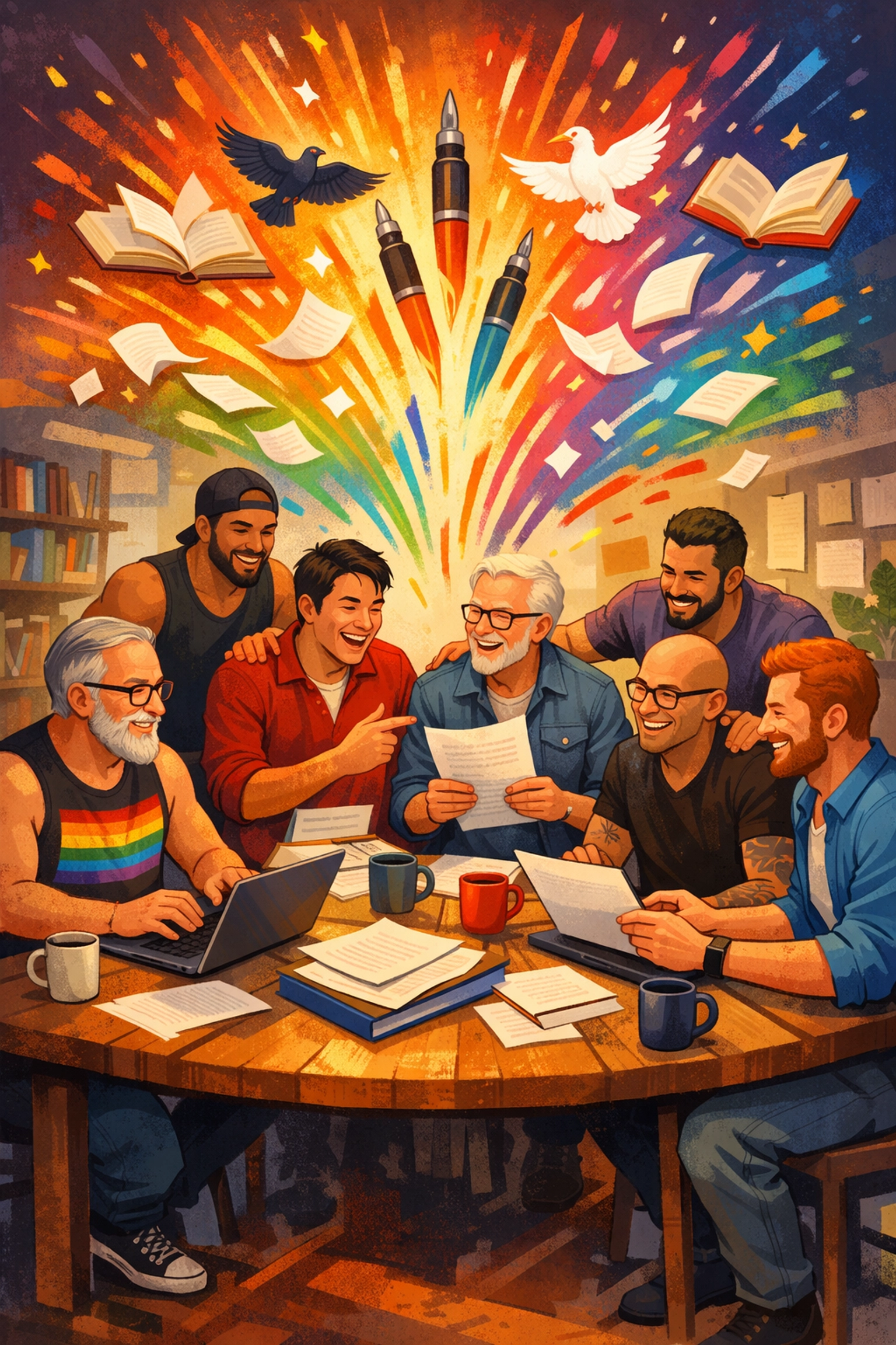 A diverse group of LGBTQ+ authors collaborating on new gay romance stories in a creative, inclusive workshop.