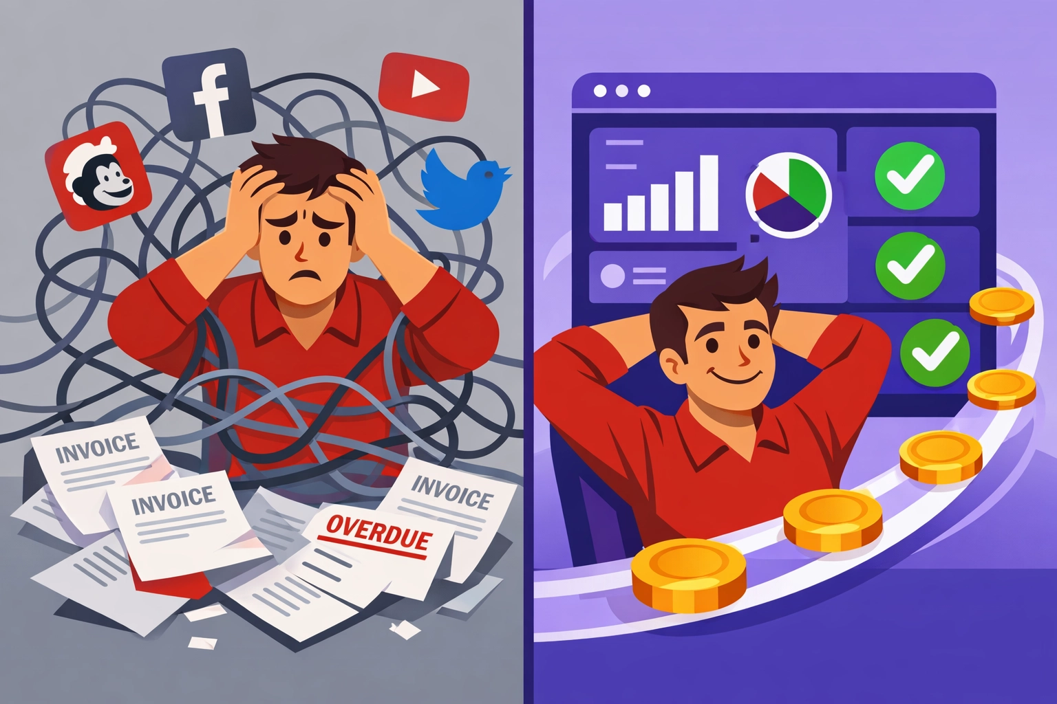 Agency owner comparison: multiple platform chaos versus unified DSP dashboard simplicity