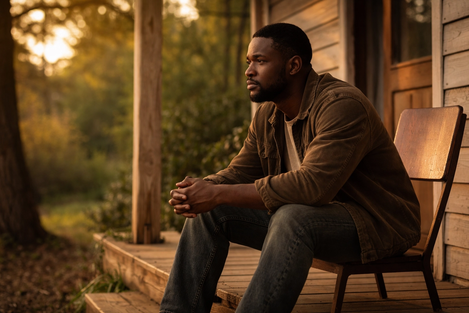 Black man sitting thoughtfully alone on a porch, symbolizing depression from relationship struggles in Black communities.