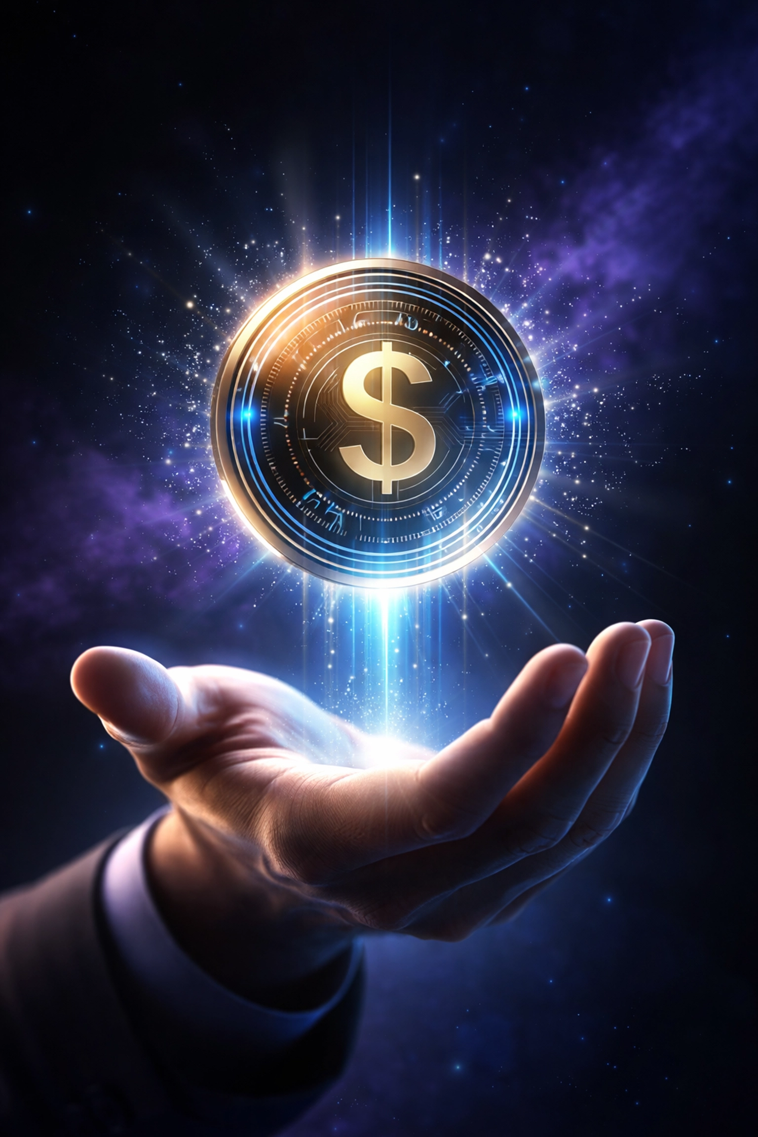 Glowing stablecoin above a hand representing crypto payment security, stability, and control for merchants