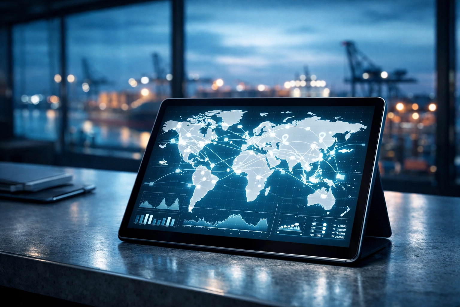 Digital global trade map on a tablet in a modern office for strategic logistics Miami FL planning.