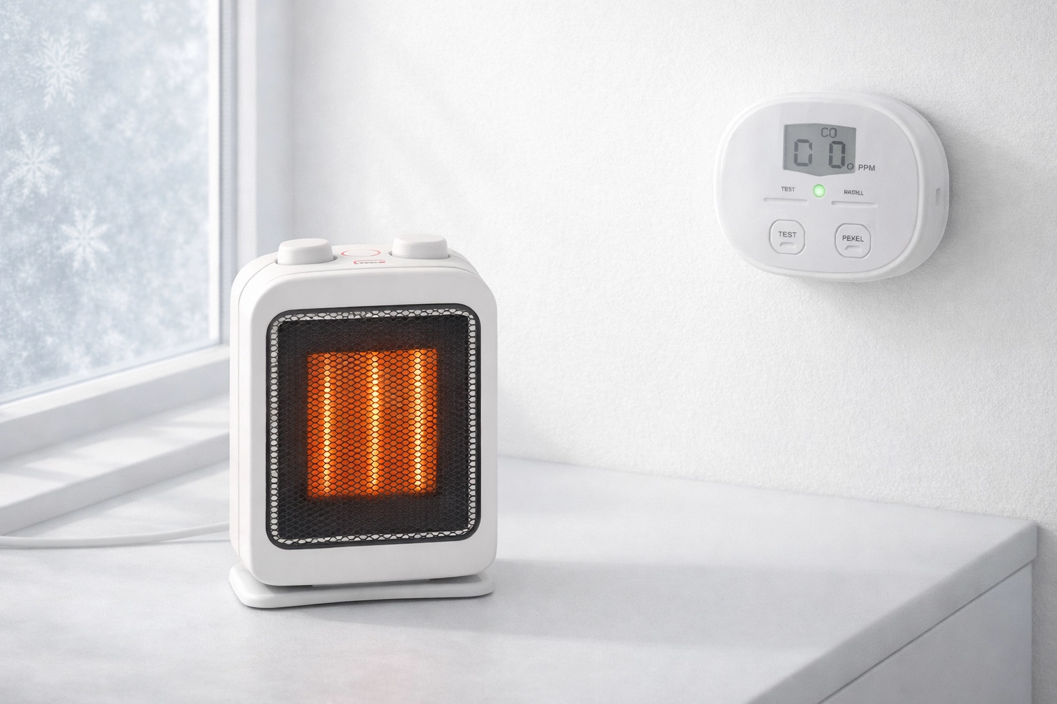 Safe space heater setup with clearances and carbon monoxide detector visible