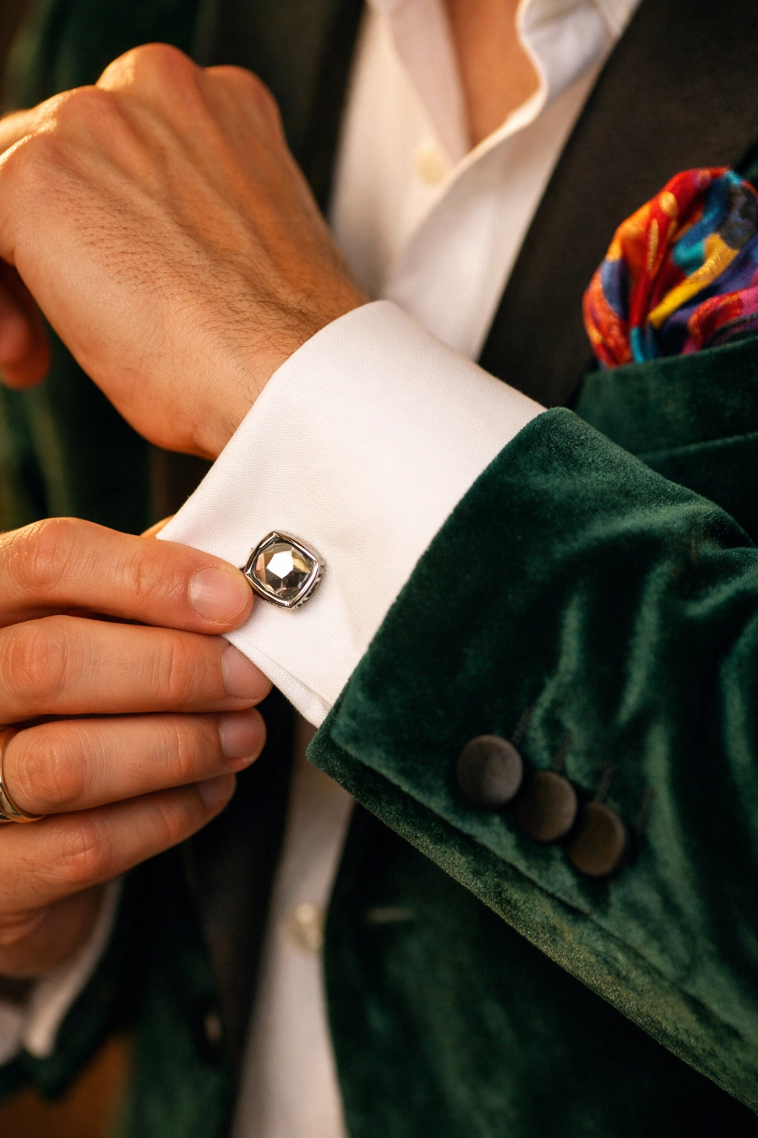 Close-up of elegant cufflinks and emerald velvet blazer showing gay formalwear style details