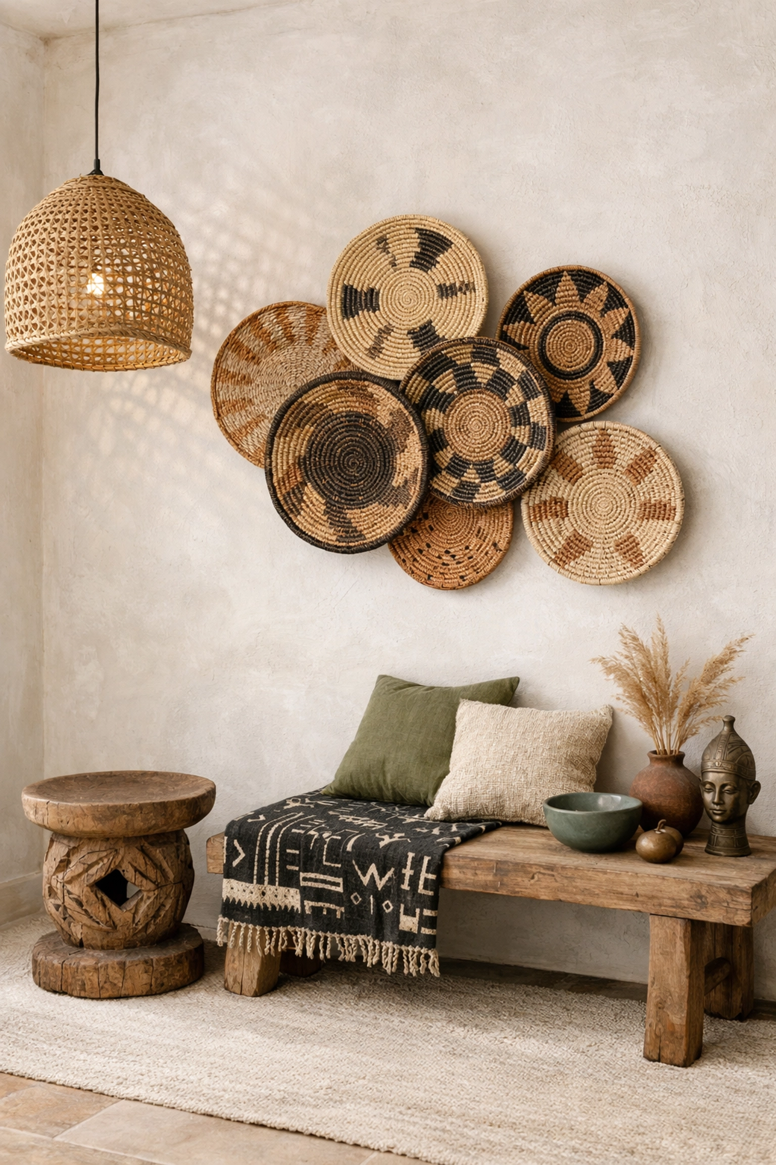 Modern Afrohemian decor featuring handwoven baskets and textured textiles against a neutral Cloud Dancer wall.