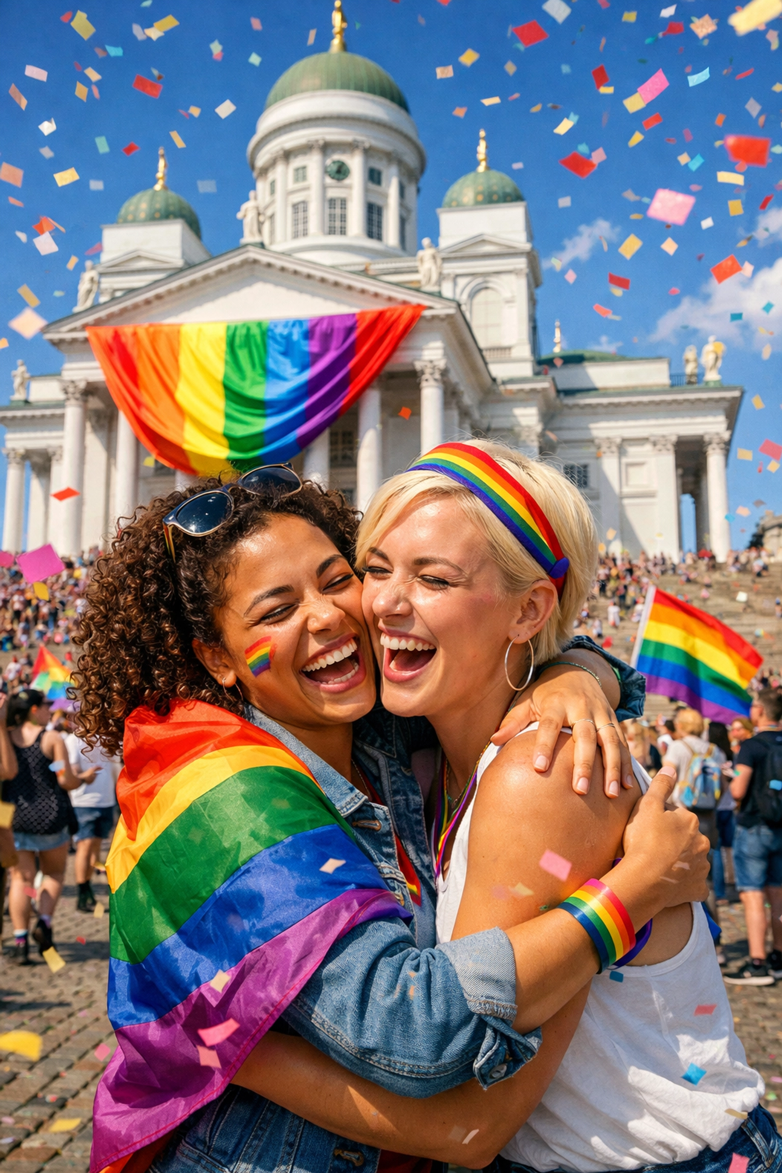 Two women celebrate Pride near a historic cathedral decorated with a rainbow flag in Scandinavia.