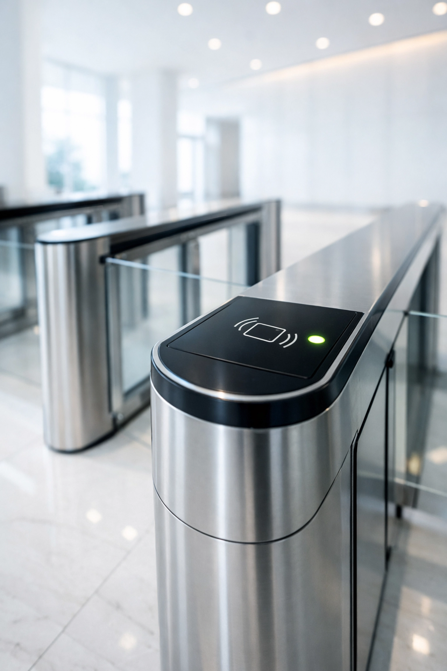 A sleek security turnstile in a corporate lobby representing paywalled healthcare data and access fees.