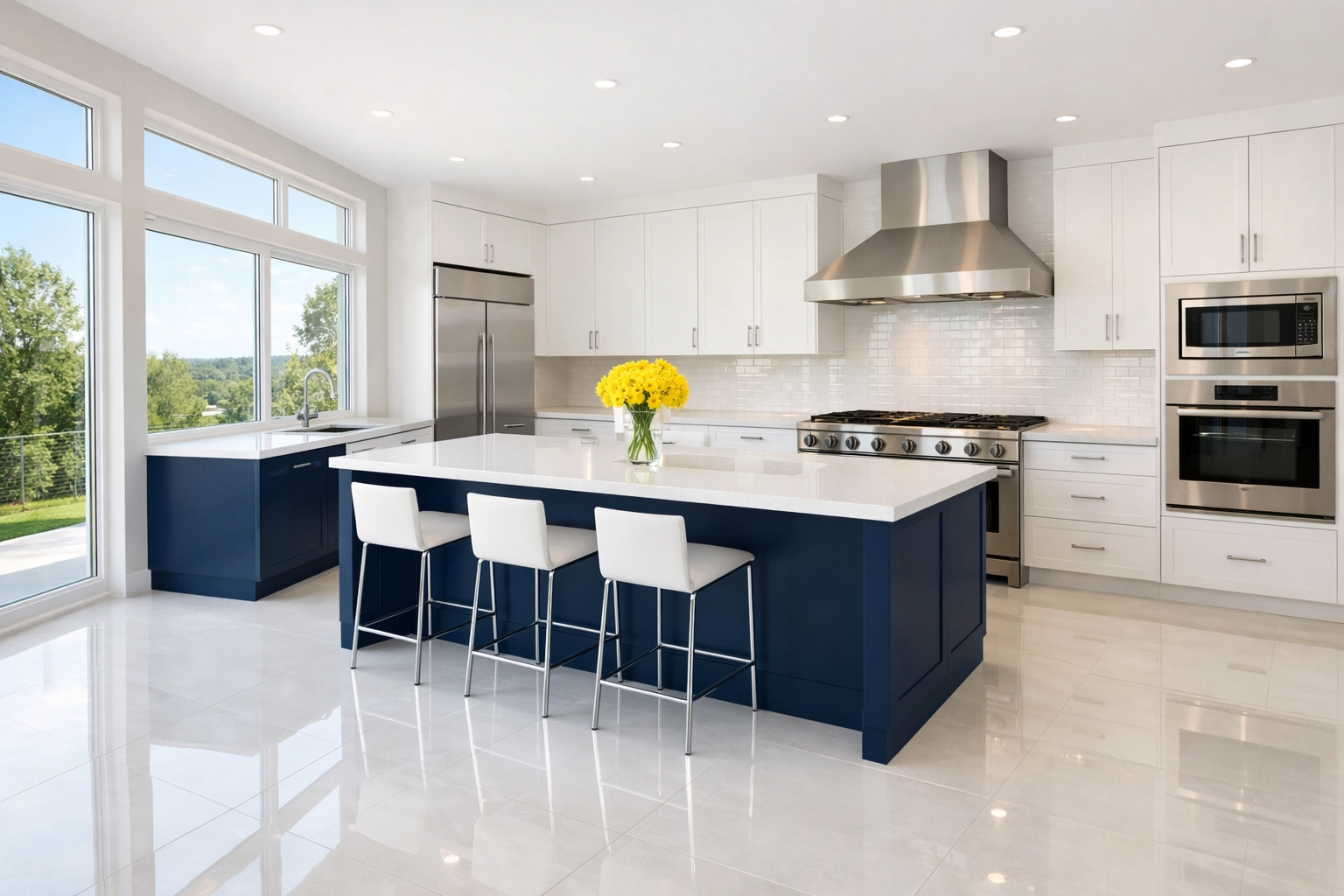 A bright and healthy deep-cleaned residential kitchen in Fitchburg with a modern blue island.