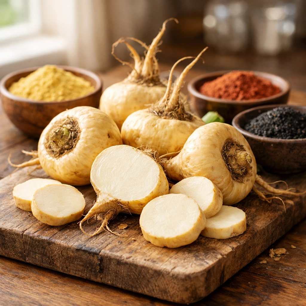 Fresh maca root and yellow, red, and black maca powder varieties displayed on wooden board