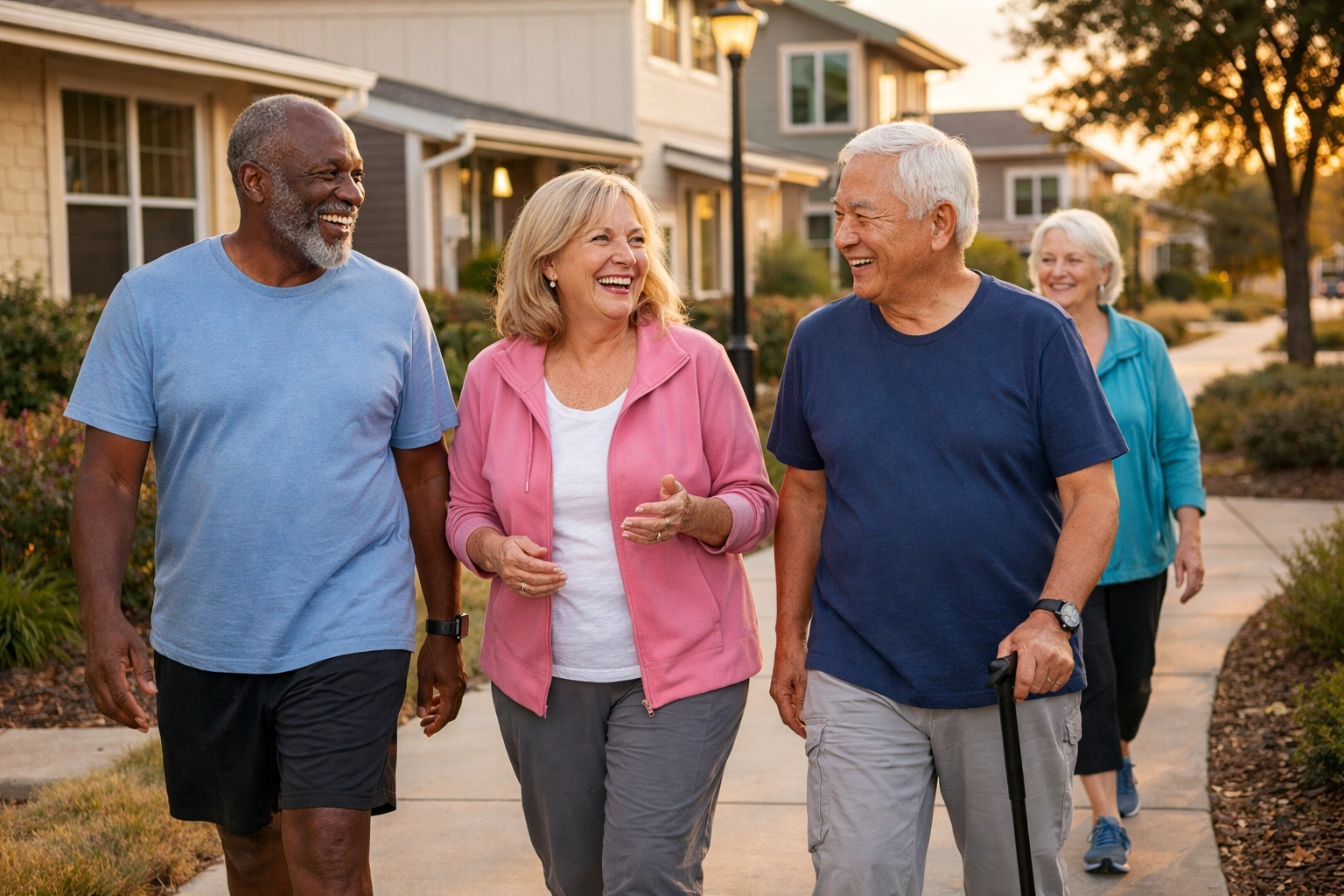 Active seniors walking together through the friendly Piney Woods manufactured home community.