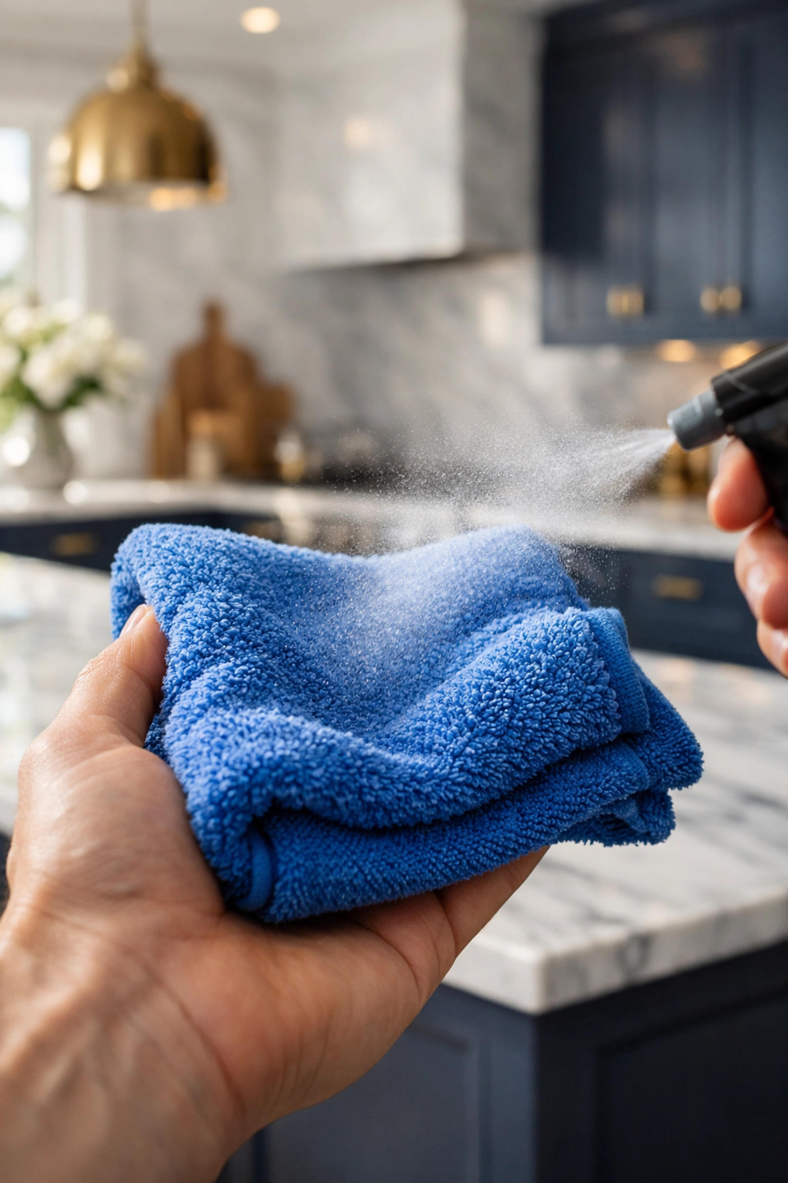 Professional cleaning in Needham: spraying a microfiber cloth to protect Calacatta marble countertops.