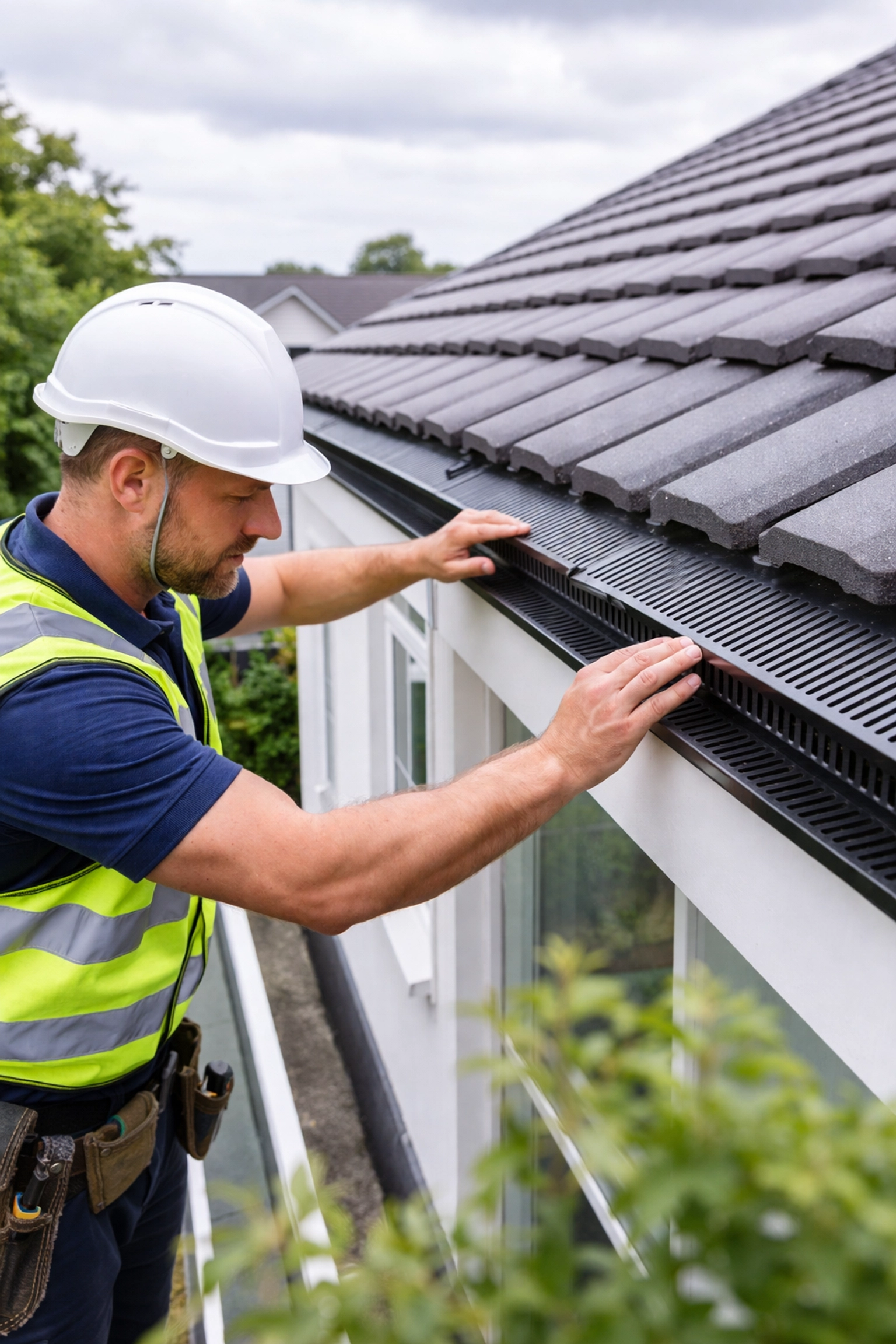 Roofing contractor installing eave vents on Belfast home to improve roof ventilation and prevent damp problems