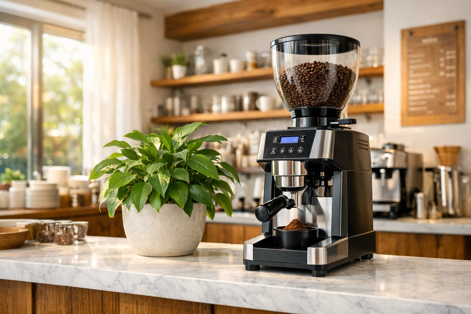 A professional commercial espresso grinder on a marble countertop in a stylish, airy coffee shop.