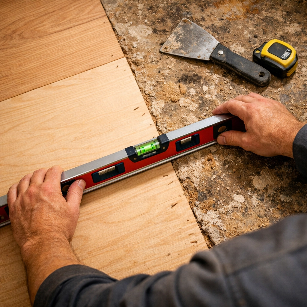 Professional checking subfloor flatness with level tool before hardwood installation