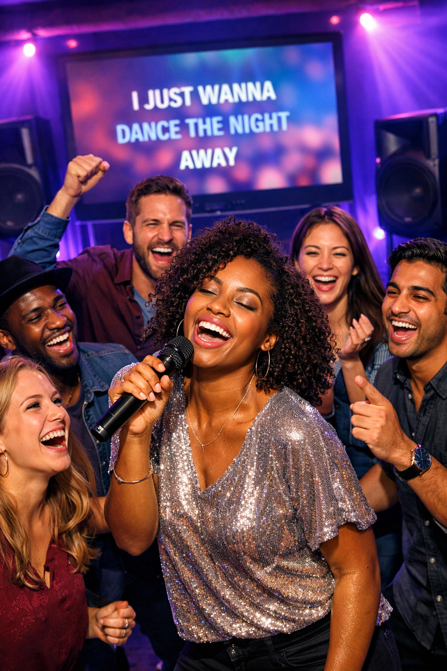 Friends enjoying karaoke party with professional equipment and microphones