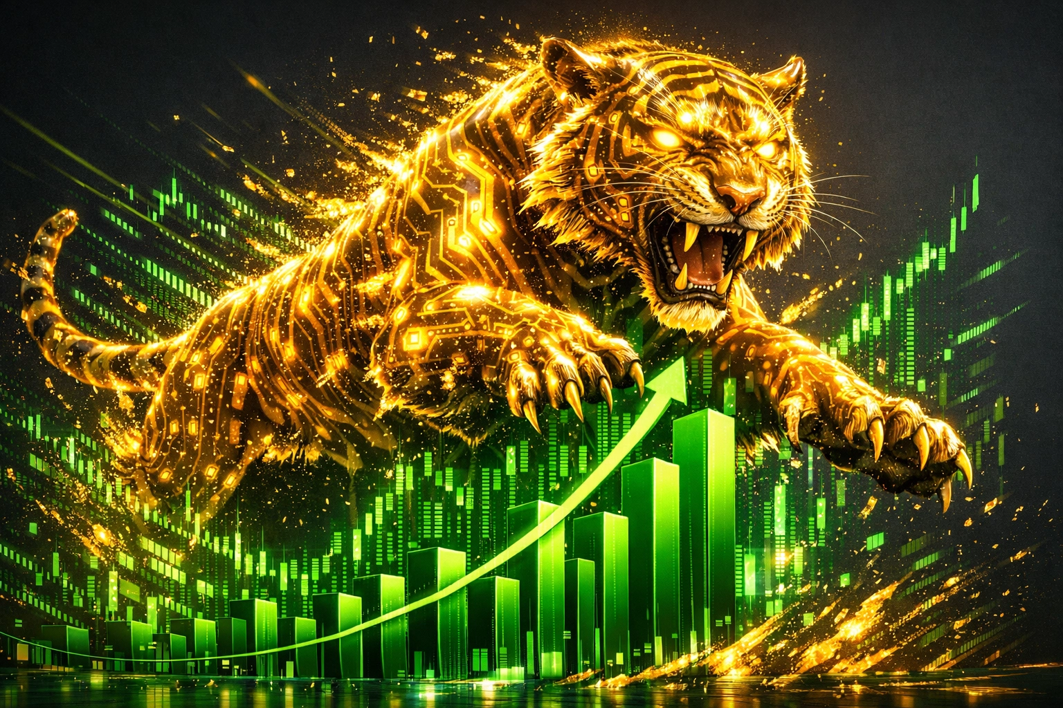 A golden tiger jumping through market growth charts representing the surge of the Economy of India.