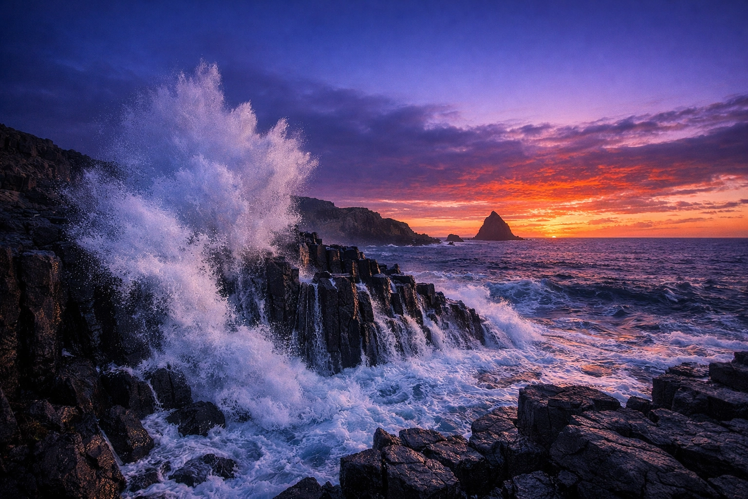 Sunset photography using AI-powered mirrorless features to capture high dynamic range on a rocky coastline.
