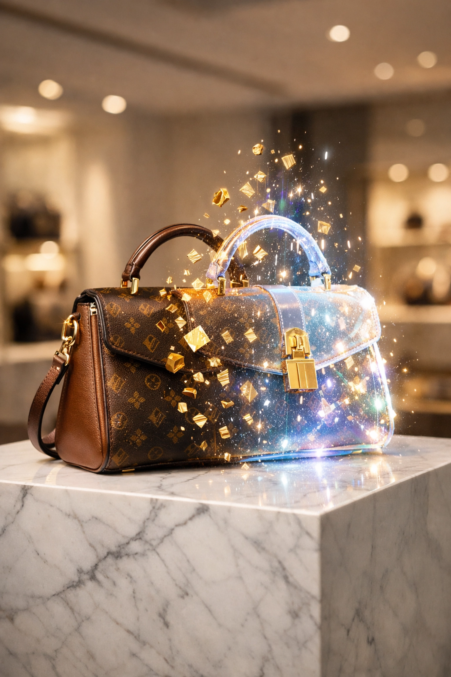 Holographic NFT receipt emerging from a luxury bag, representing blockchain proof of purchase for global commerce.