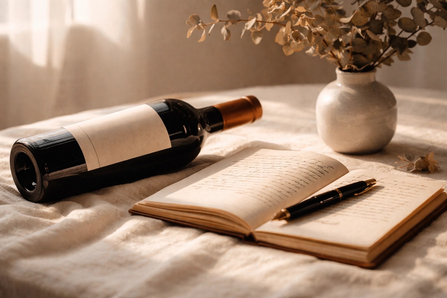 Wine bottle beside open journal and pen on table, symbolizing new stories and wine journeys with Katy Moore Wines and K Cellars.