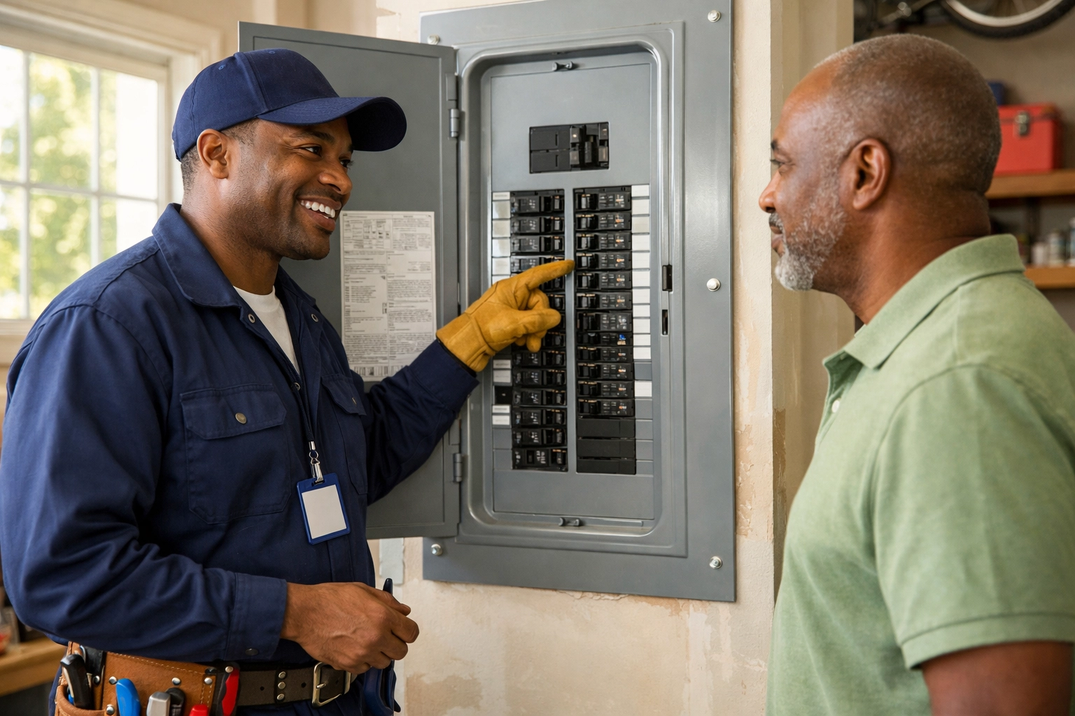 Electrician explaining electrical panel components to Atlanta homeowner during consultation