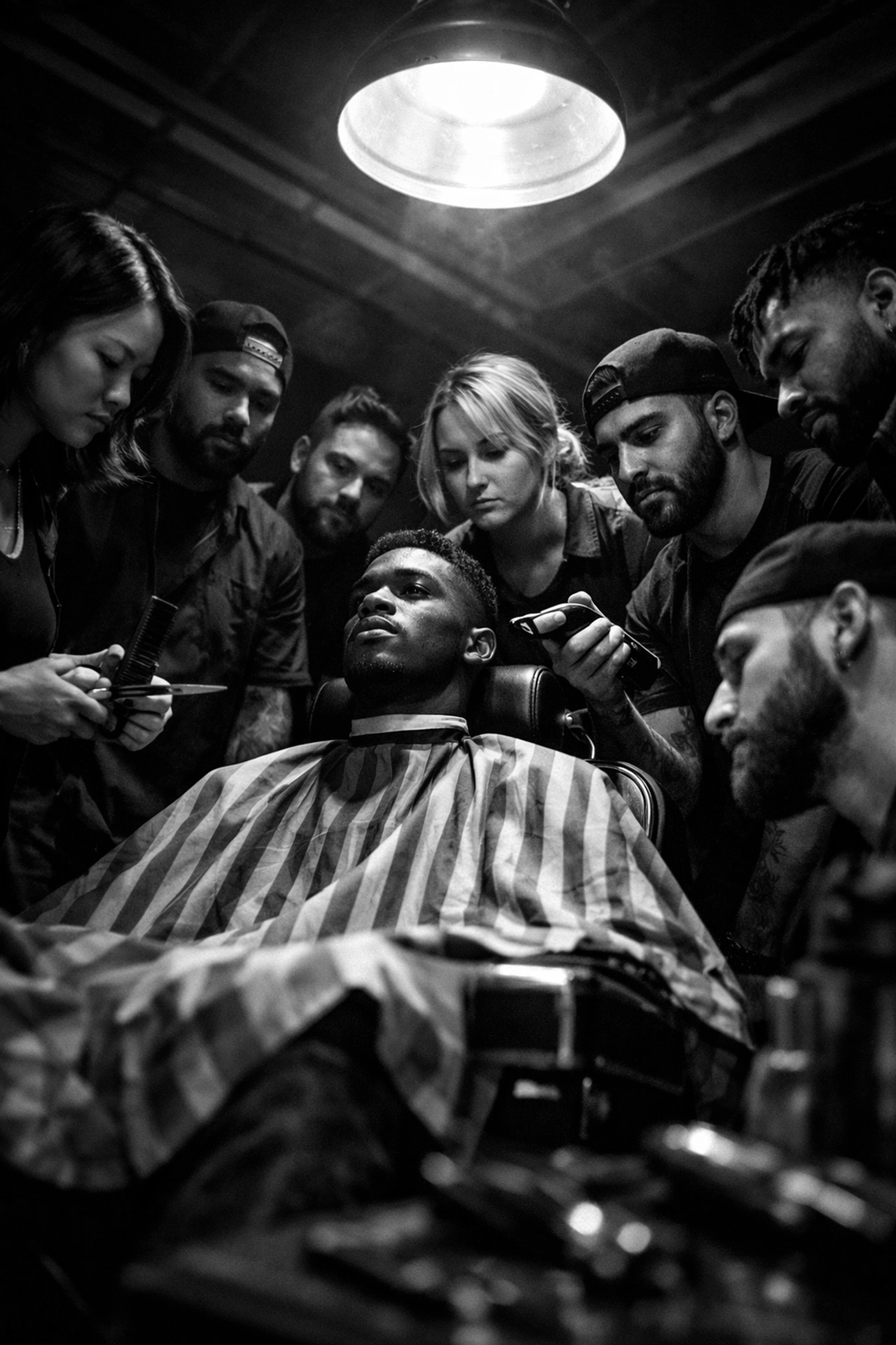 Diverse barber students receiving hands-on training around professional barber chair in classroom