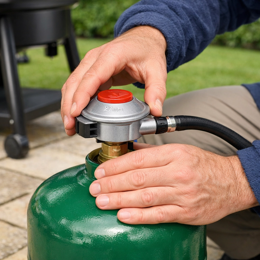 Close-up of hands safely connecting a clip-on gas regulator to a green patio gas bottle.