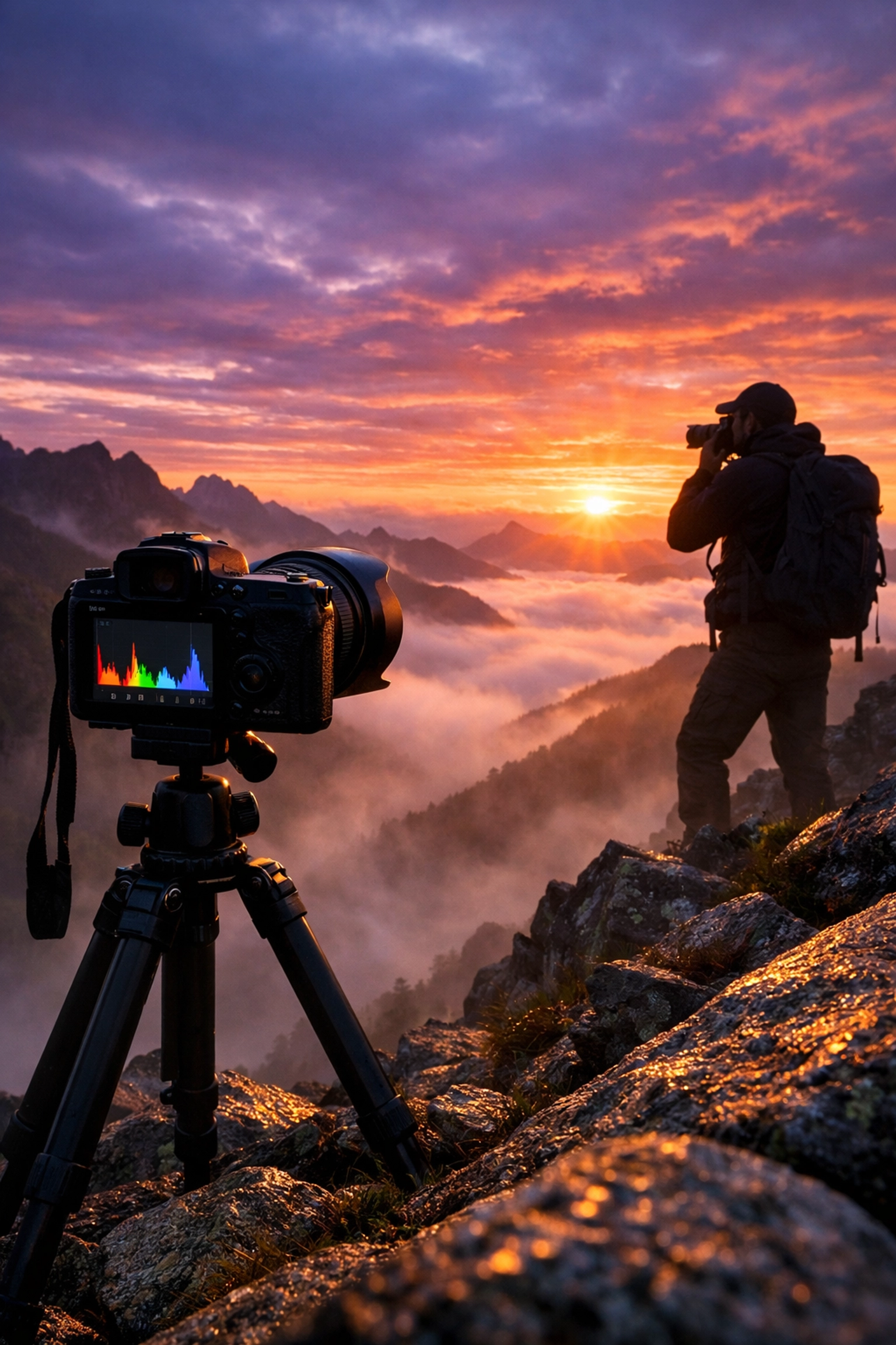 Photographer capturing stunning nature imagery with a compact camera on a tripod at misty mountain sunrise.