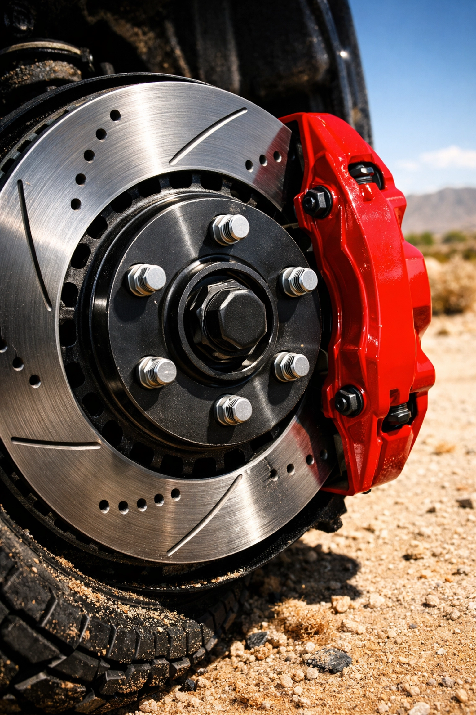 Close-up of a disc brake assembly with a red caliper on a dusty road, showing the need for brake repair in Deming, NM.