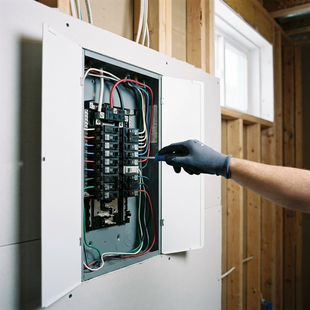 Close-up of electrician installing AFCI and GFCI breakers in new basement electrical sub-panel