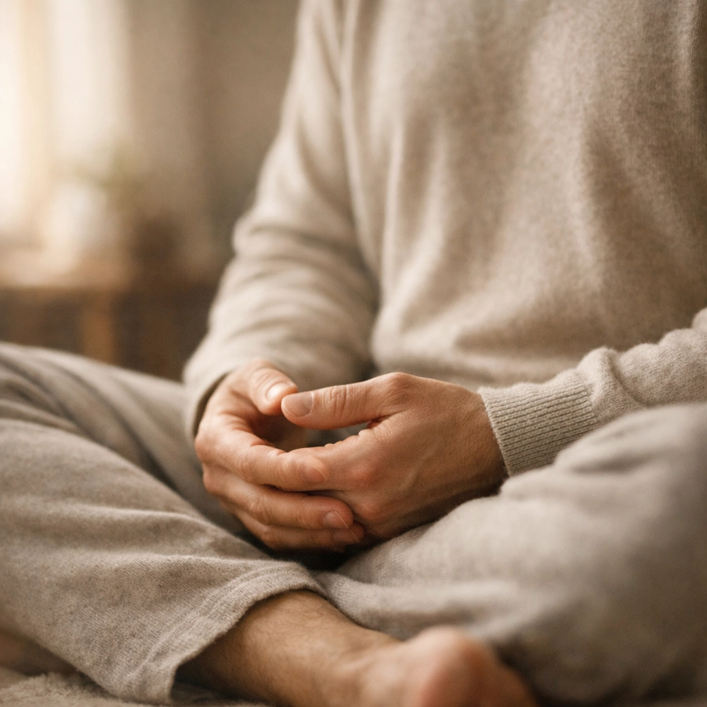 Meditáló férfi kezei nyugalomban - stresszkezelés a merevedési zavar ellen