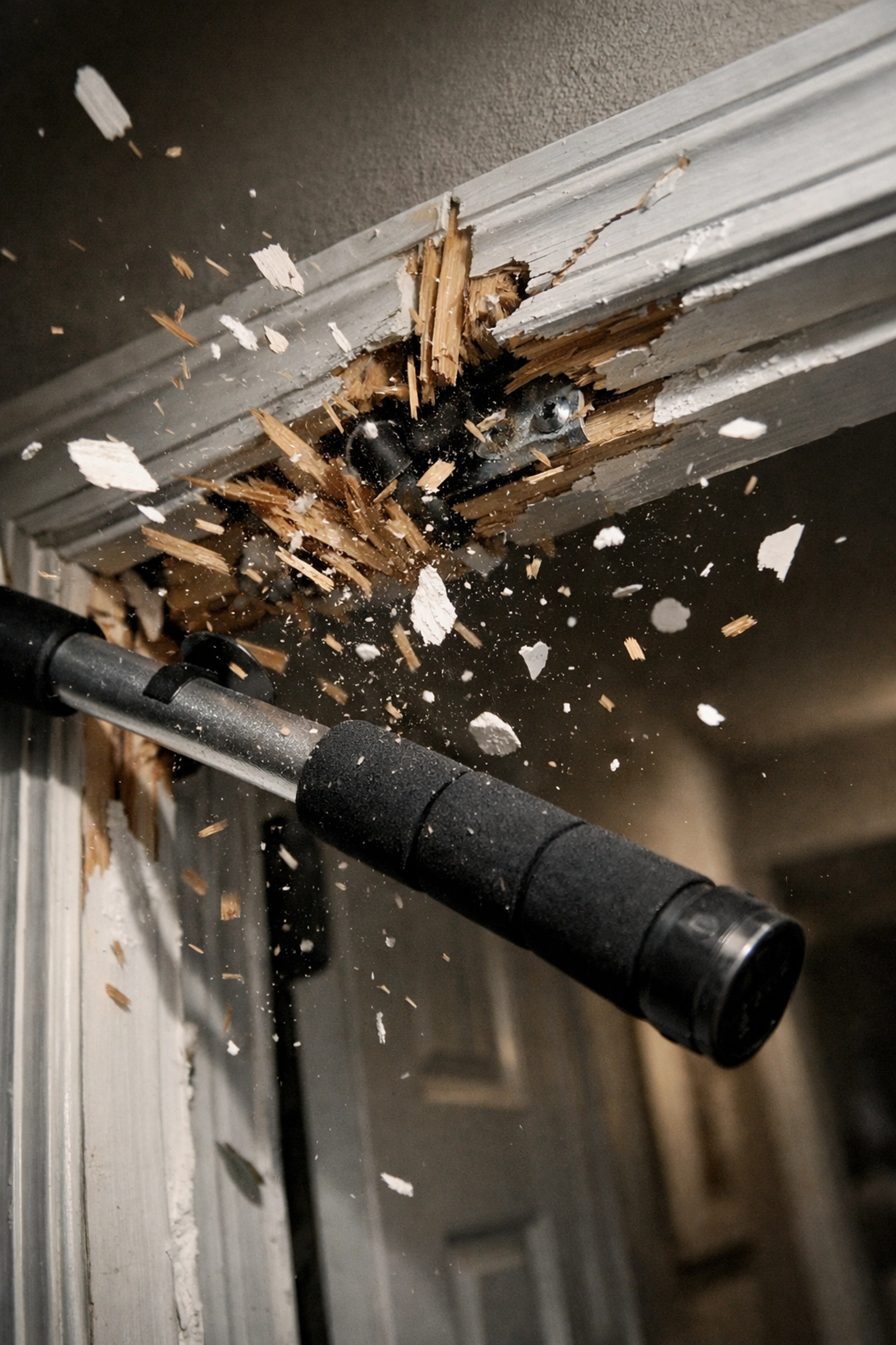 Doorway pull-up bar ripping door frame, showing home gym equipment safety and damage risk