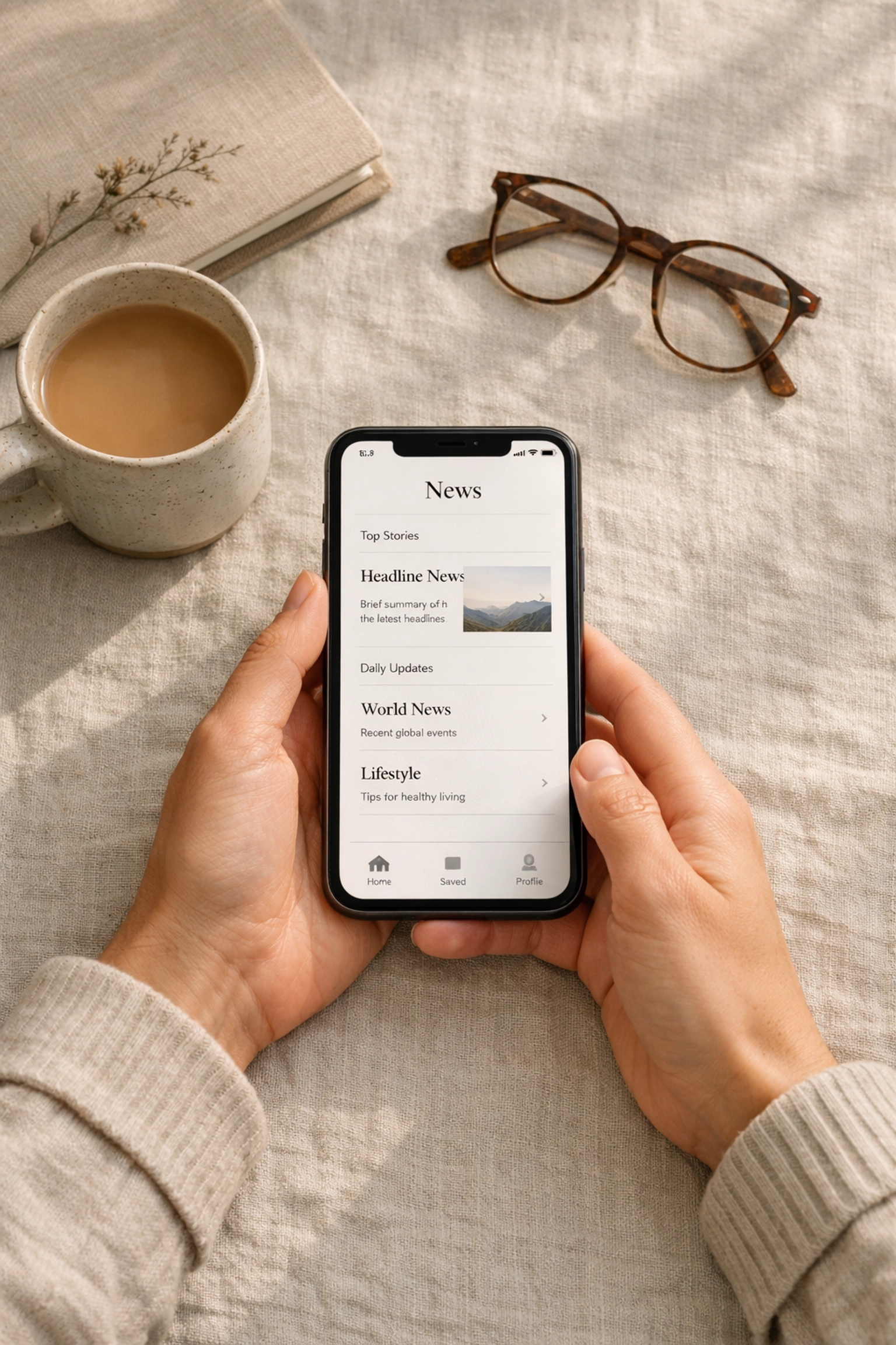 Hands holding smartphone with news app during intentional morning reading with coffee and calm setting