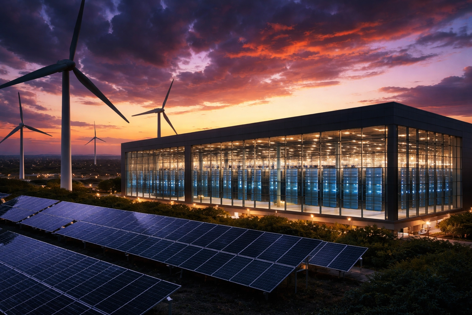 Twilight view of a data center, wind turbines, and solar panels representing infrastructure and AI-driven investment opportunities.