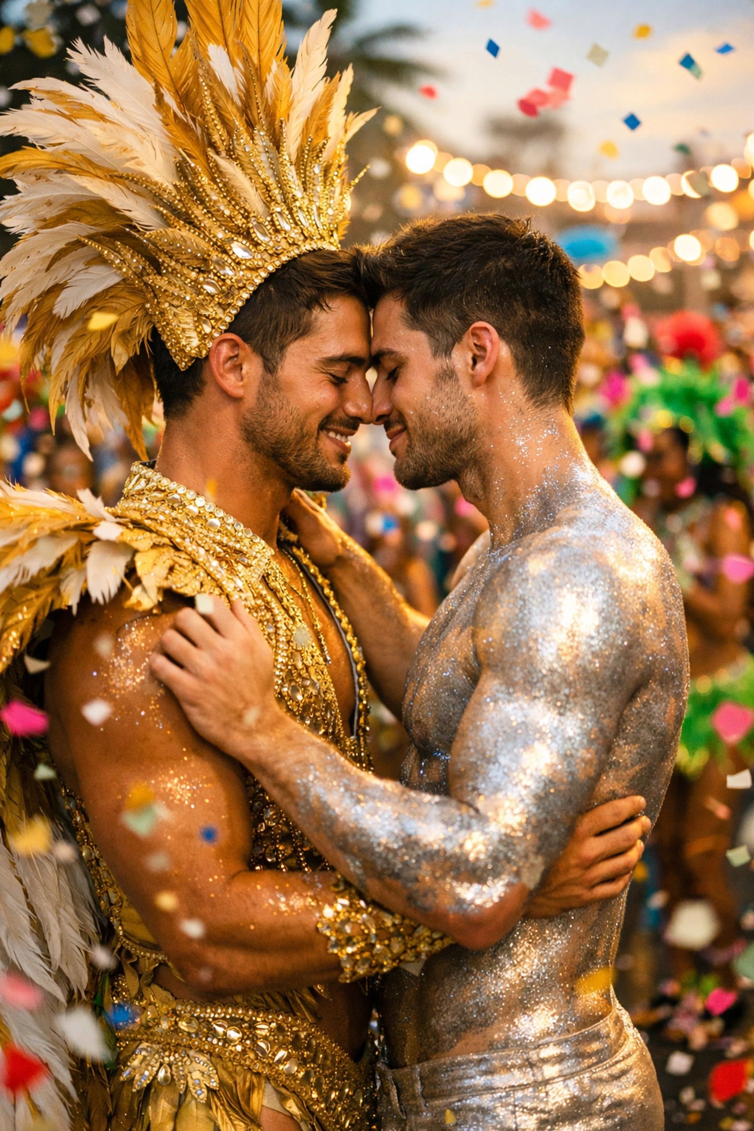 Two men dancing intimately at Rio Carnival LGBTQ+ celebration with colorful costumes