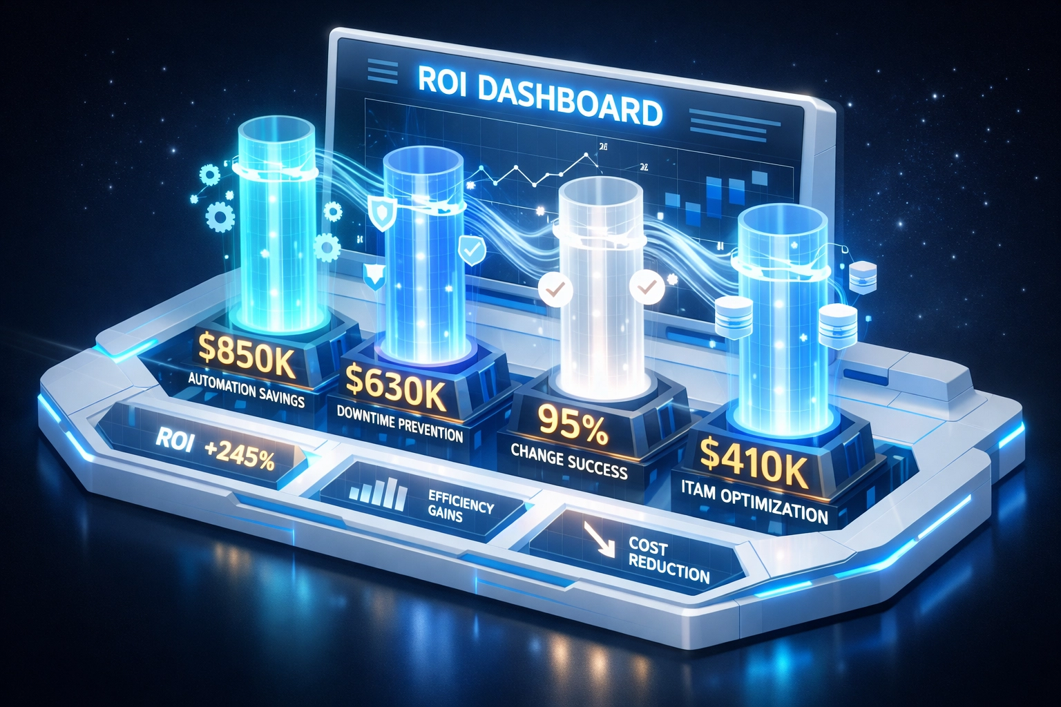 ServiceNow ROI framework showing four value pillars: automation, ITOM, change management, and ITAM optimization